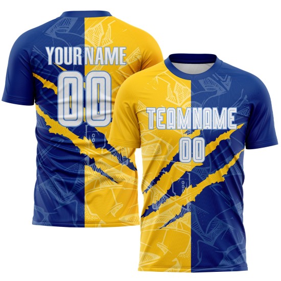 Custom Royal Yellow-Light White Scratch Jersey Blue Pattern Sublimation Soccer Graffiti Uniform