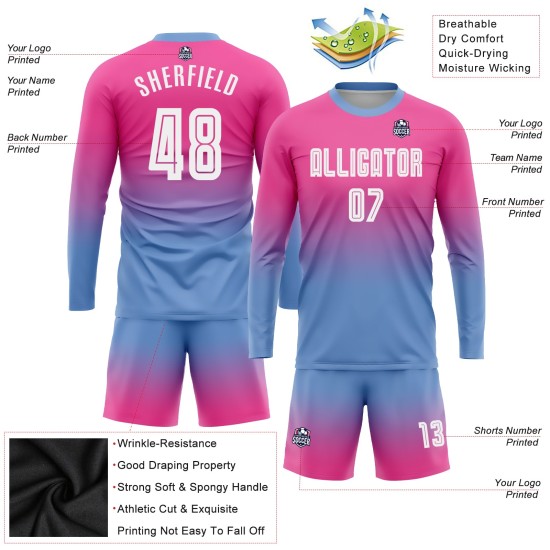 White-Light Fade Sleeve Jersey Pink Custom Soccer Blue Fashion Long Uniform Sublimation